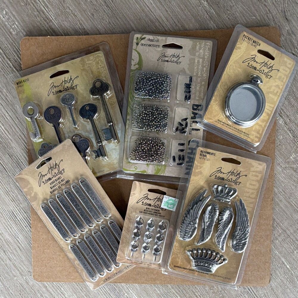 Tim Holtz Idea-ology Metal Embellishments 6 sets NEW Word Keys Bands Wings Watch